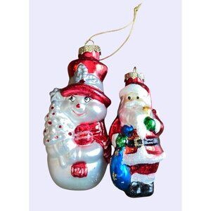 Vintage Santa & Snowman Christmas Ornaments Hand-Painted Glass Decorations